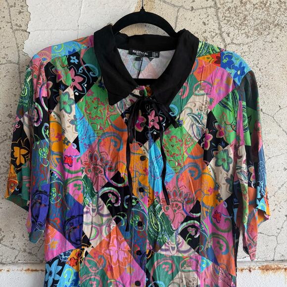 Nasty Gal Shirt Dress Patchwork Print Button Down Festival Party Mini Size 6 NWT - Picture 2 of 9